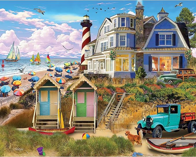White Mountain 1000 Piece Jigsaw Puzzle Coastal Summer Lighthouse Puzzles with Large Pieces Gift for Adults and Family 24"x30" - Fun At The Beach