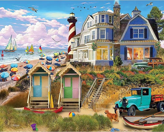 White Mountain 1000 Piece Jigsaw Puzzle Coastal Summer Lighthouse Puzzles with Large Pieces Gift for Adults and Family 24"x30" - Fun At The Beach