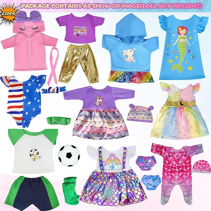 WONDOLL 12 Sets 14-16-Inch-Baby-Doll-Clothes-Outfits Dress Headbands Accessories Compatible with 43cm New Born-Baby-Doll, 15-inch-Baby-Doll（no Doll