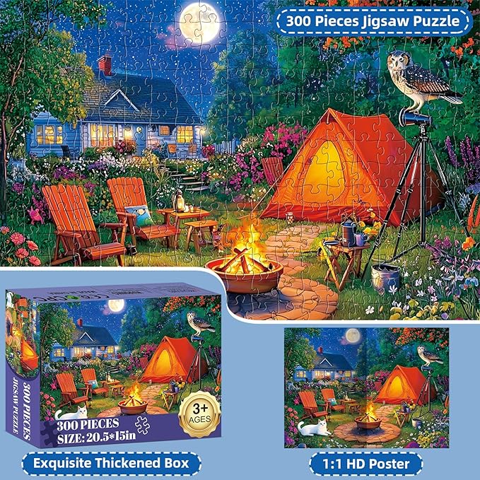 300 Pieces Puzzles for Adults,Moonlight Backyard Camping Puzzle,300 Pieces Puzzle for Adults Large Piece,Cute Cat Jigsaw Puzzles for Kids Ages 8-10,Gifts for Christmas Family Games Lovers 20.5 x 15 in