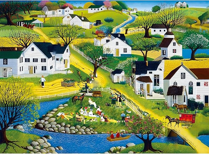 500 Piece Puzzle for Adults | Seaside Village Puzzle |Recycled Cardboard White Villa Jigsaw Puzzles 500 Pieces |Challenging America Town Folk Art Puzzles Perfect for Game Nights Best Xmas Gift 20.5*15