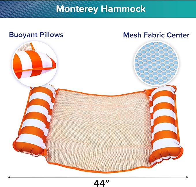 Aqua Original 4-in-1 Monterey Hammock Pool Float & Water Hammock – Multi-Purpose, Inflatable Pool Floats for Adults – Patented Thick, Non-Stick PVC Material – Orange/White Stripe