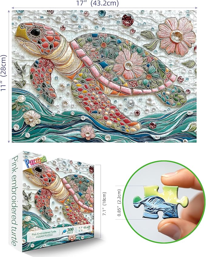 300 Piece Jigsaw Puzzle for Adults Mosaic Sea Turtle Mbroidery with Vibrant Gem & Floral Details Puzzle Colorful Beautiful Underwater Sea Puzzle with Letters on Back Ideal for Seniors &Game Nights