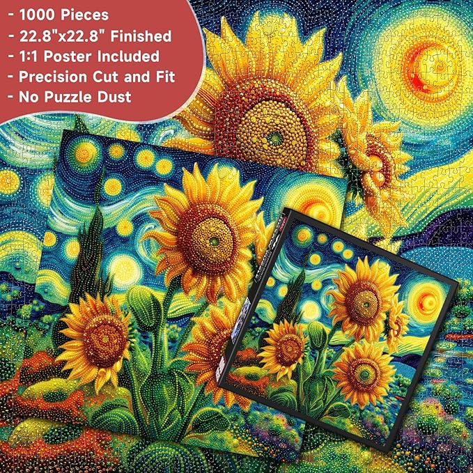 Starry Night Sunflowers 1000 Piece Puzzle for Adults - Van Gogh Inspired Pointillism Art, Vibrant Floral Scene, Poster & Lettered Back, 22.8" Square HD, Gift for Art & Nature Lovers