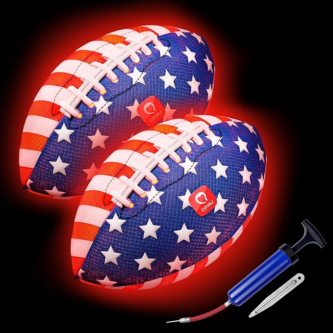 QPAU 10.5" Glow in The Dark Football (Size 6, 2 Packs), Light Up Youth Football with Pump & Batteries, Outdoor Toys & Games for Boys Girls, Birthday Gifts for Kids and Teens