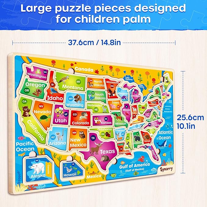 SYNARRY Large USA Wooden Puzzles for Kids Ages 3-5, Learning United States Map Puzzles for Kids Ages 4-6, Wood Jigsaw Puzzles Educational Games Toys for Boys Girls Ages 3-8, Easter Basket Stuffers