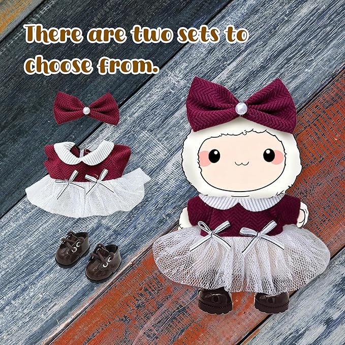 Handmade 17cm Doll Clothes - Cute Styles 15cm/17cm Dolls Outfits, Burgundy Bow - Burgundy Dress - Brown Shoes for Dress Up Gift（Including Shoes） (Wine red Set)