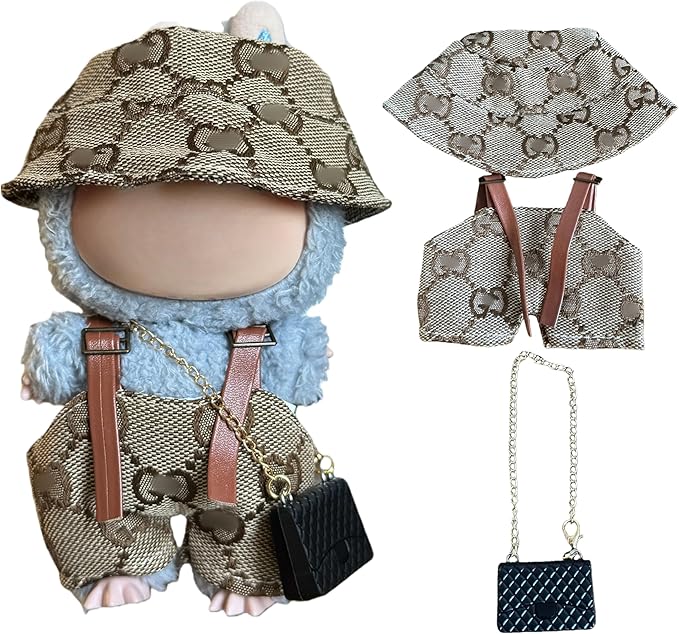 17cm Doll Clothes for lububu ，Clothes Suitable for lububu Dolls Outfits and Accessories Set，Including cl othes + hat + Bag - Brown Doll Clothing Set，Doll not Included (COFFEE2)