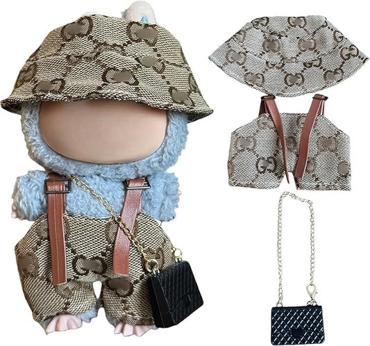 17cm Doll Clothes for lububu ，Clothes Suitable for lububu Dolls Outfits and Accessories Set，Including cl othes + hat + Bag - Brown Doll Clothing Set，Doll not Included (COFFEE2)