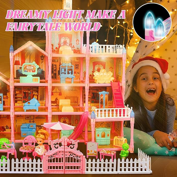 OCTERIC Doll House for Girls,13 Rooms Dollhouse with 2Dolls Figure, Lights, Puppies,Furnitures, Accessories, Toddler Playhouse Gift for for 3 4 5 6 7 8 9 10 Year Old Girls Toys (Pink)