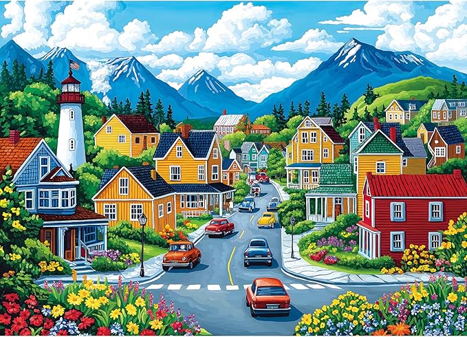 MINIWAN Colorful Coastal Mountain Town 1000 Piece Jigsaw Puzzle for Adults, Sunny Small Town Lighthouse Mountain Landscape Jigsaw Puzzle, Gift for Landscape Puzzle Lovers 27.5x19.7 Inch