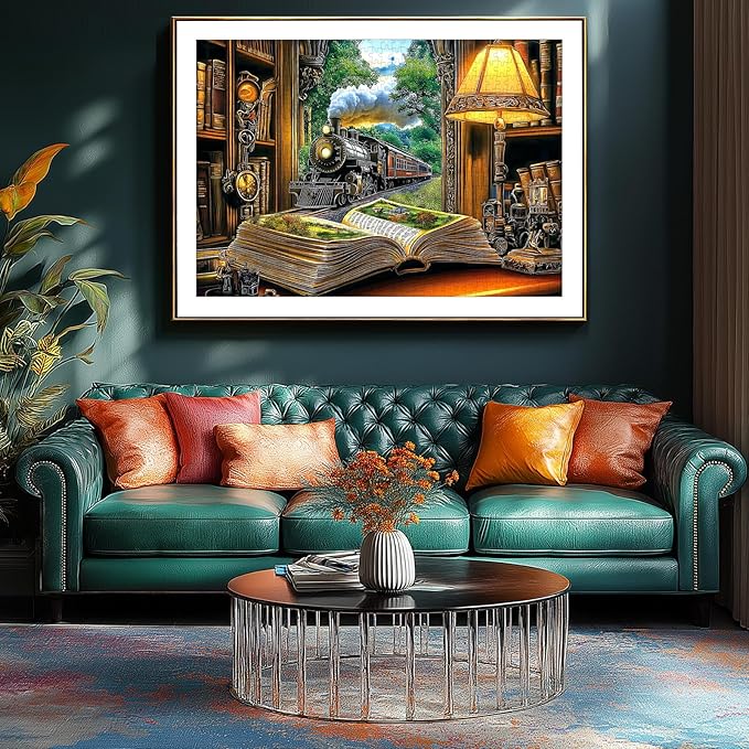 Vintage Train 1000 Piece Jigsaw Puzzle for Adults Fantasy Book Railway Station Night Lamp Whimsical Scene Adult Puzzles 1000 Pieces with Letters on Back Difficult Fun Unique Puzzle Games for Adults