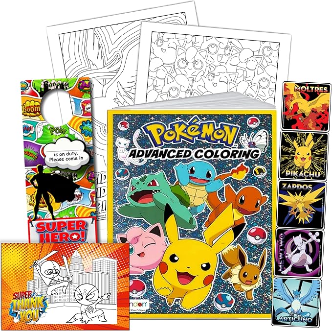 Bendon Pokemon Advanced Coloring and Stickers Activity Set with Pokeman Advanced Coloring Book, Sticker Book, Pokeman Reward Stickers, 2-Sided Door Hanger