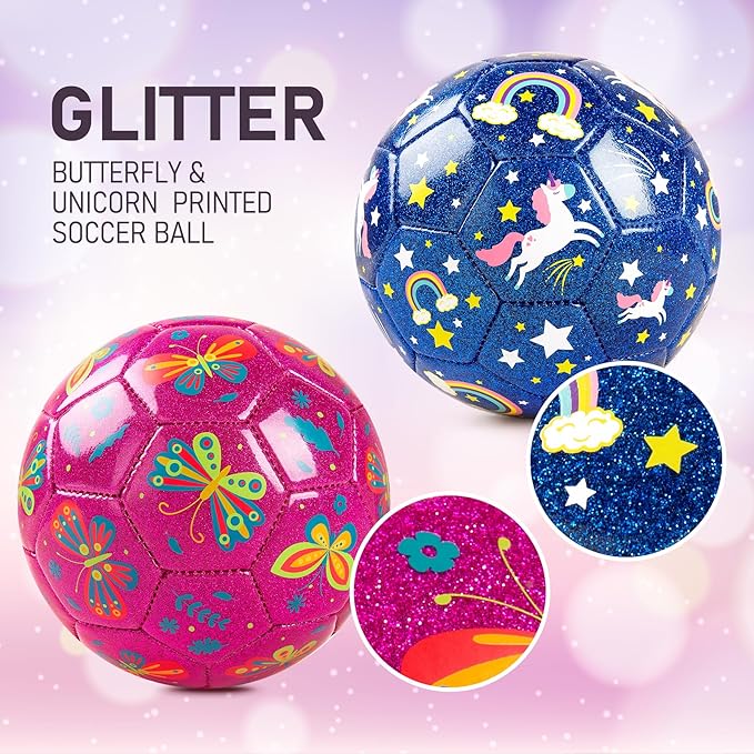 ZOOJOY Soccer Ball Size 2, 2 Pack Cartoon Ball with Pump Mesh Bag, Butterfly & Unicorn Toddler Girl Toys for 1 2 3 4 5 6 Years Old, Perfect Sensory Toys for Girls Boys Indoor Outdoor Play Balls Gifts