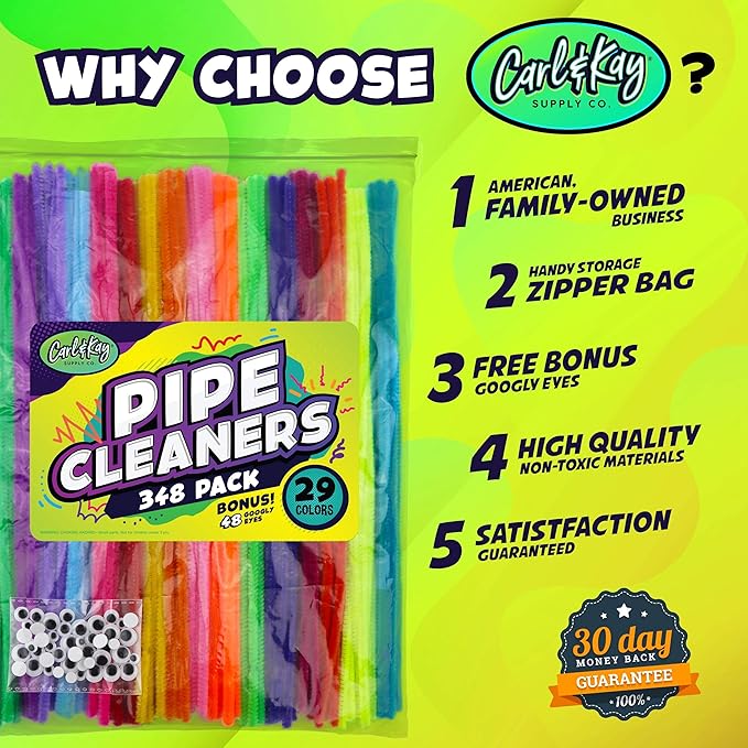 348 Pipe Cleaners Plus 48 Googly Eyes - Colored Chenille Stems for Kids Craft - Fuzzy Stems in 29 Colors