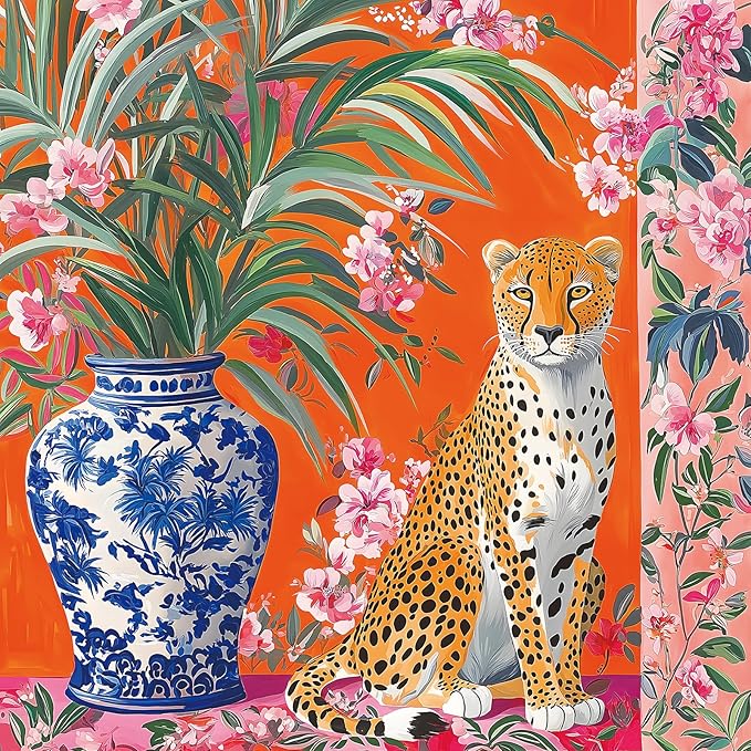 Jigsaw Puzzle for Adults 500 Piece, Cheetah with Blue Vase Art Design Square Puzzles for Adults, Family, Party Game, Finished Size 20 x 20 Inches