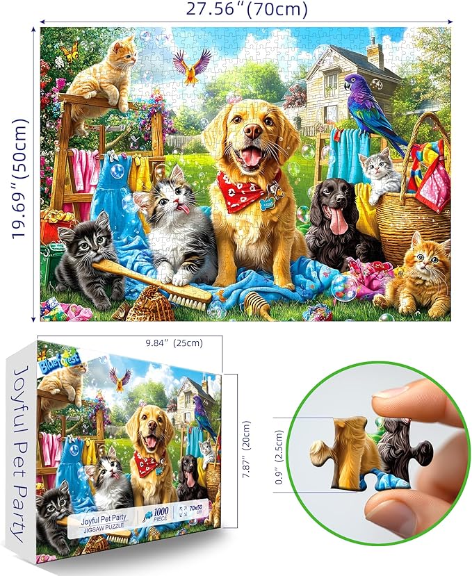 Laundry Day Pets 1000 Piece Jigsaw Puzzle for Adults Colorful Garden Scene with Dogs, Cats and Birds Jigsaw Puzzles, Family & Adult Games for Game Night