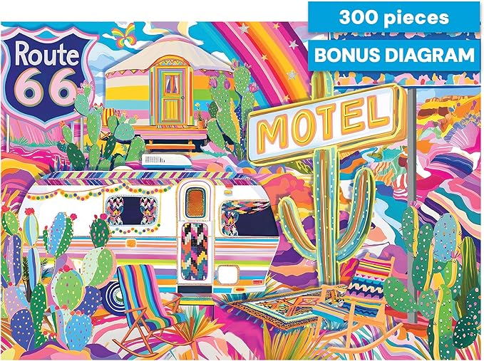 Ceaco - Jess Stempel - A Trip on Route 66-300 Piece Jigsaw Puzzle - Colorful Puzzles for Adults – Precision-Cut Pieces, Beautiful Artwork, and Hours of Relaxing Fun
