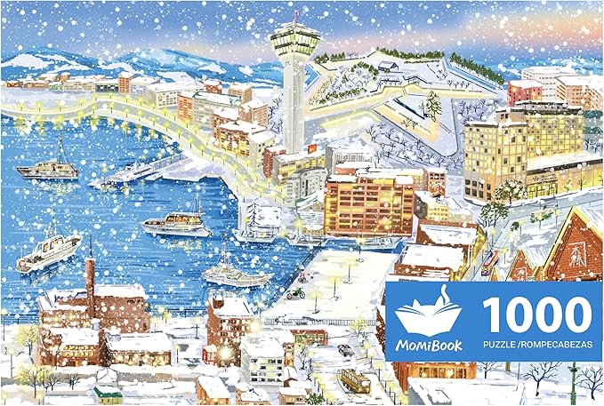 MOMIBOOK 1000 Piece Puzzle for Adults Jigsaw Puzzles of Winter in Hakodate, Twinkle Laminate Winter Town Painting Image Challenging Hard Impossible Puzzle Unique Party Christmas Birthday Gifts