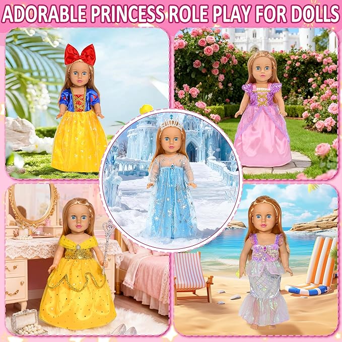 8 pcs American Doll Clothes Set for 18 inch Dolls, Doll Clothing Outfits Include 6 Different Princess Dresses, Crown, Hair Bow, Christmas Birthday Gift for Girls