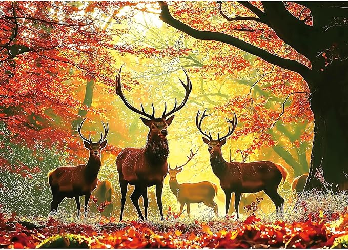 MINIWAN Autumn Fall Forest Red Stags Puzzles for Adults 1000 Pieces, Golden Sunlight Red Maple Deer Jigsaw Puzzle, Gift for Wildlife & Nature Landscape Lovers 27.5x19.7 Inch