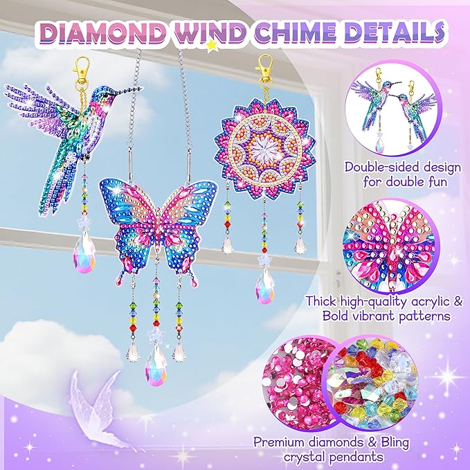 Crafts for Girls 8-12, Diamond Art Kits for Girls Ages 10-12, 3 PCS Diamond Art, DIY Suncatchers & Wind Chime Kits for Kids, Great Arts & Crafts Birthday Gift, Pretty Home/Garden/Backpack décor