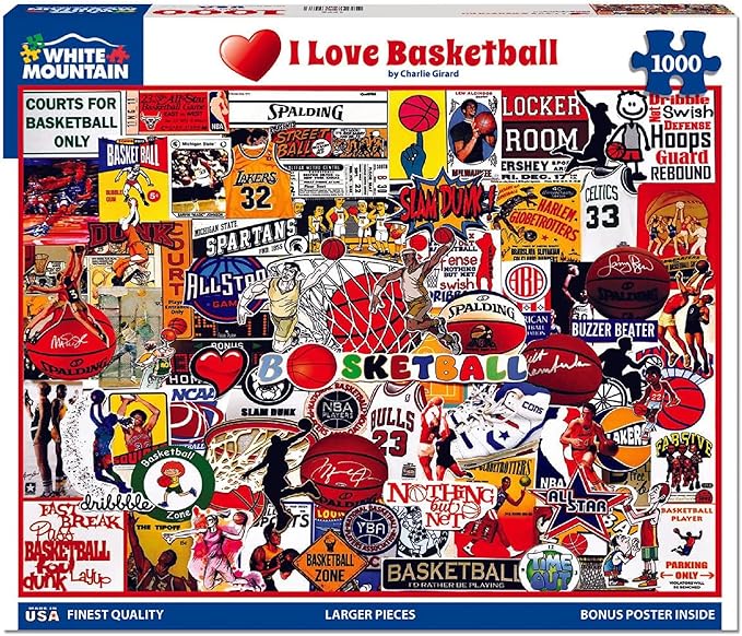 White Mountain 1000 Piece Jigsaw Puzzle Basketball Legends Collage Puzzles with Large Pieces for Adults and Family 24"x30" – I Love Basketball