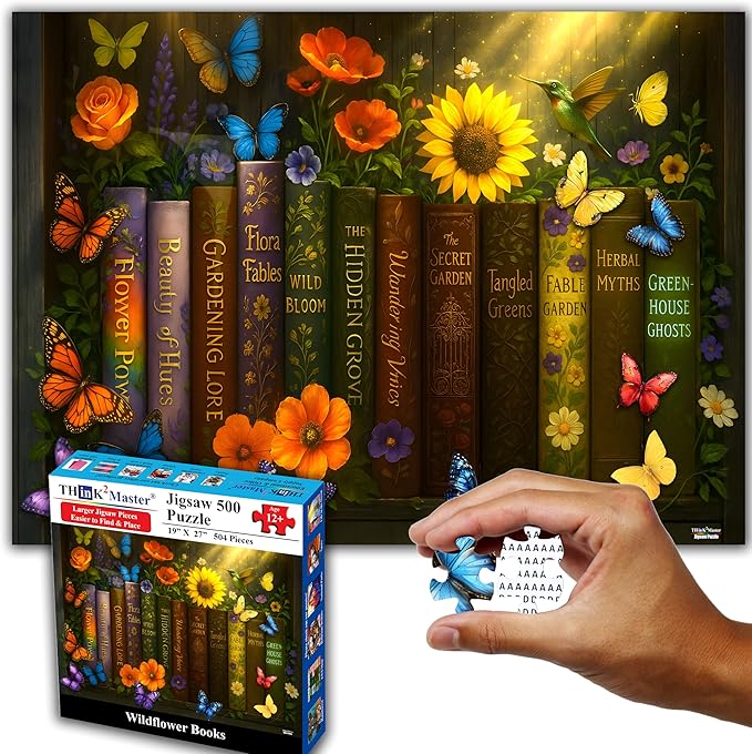 Think2Master Enchanted Library 500 Pieces Very Large Pieces Jigsaw Puzzle: 13+ Adults & Seniors. Magical Bookshelf with Butterflies & Flowers Botanical Garden. Great Gift. Size: 26.8” X 18.9”
