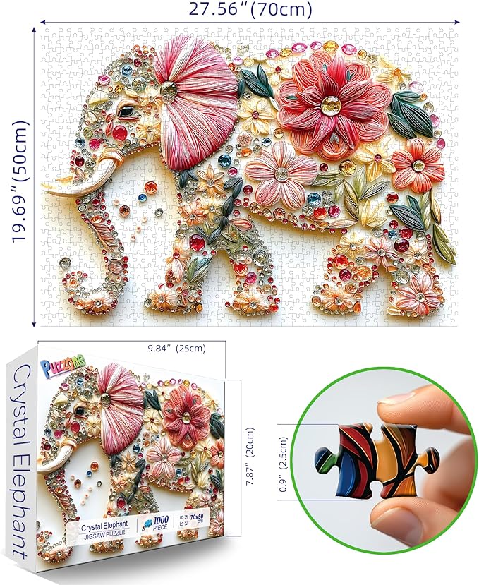 1000 Pieces Puzzle for Adults Cute Colorful Elephant with Flowers Crystal Jewelry Embroidery Design Animal Jigsaw Puzzles with Letters on Back Challenging Adult Puzzles for Game Night (27.6"x19.7")