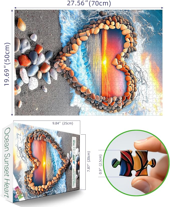 MINIWAN 1000 Piece Puzzle for Adults, Heart Shaped Stone Beach Sunset Jigsaw Puzzle, Impossible Difficult Hard Fun Puzzles for Adults, 27.5x19.7 in Romantic Art Puzzles for Home Decor & Stress Relief