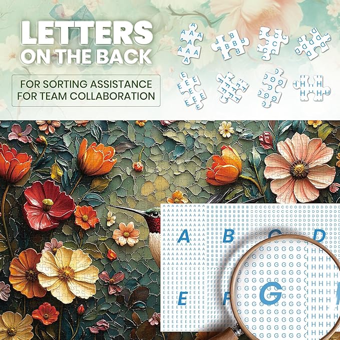 Puzzles for Adults 1000 Pieces, Vintage Flower Hummingbird Jigsaw Puzzle 1000 Pieces, Retro Bird Nature Art Themed Hard Puzzles with Letters on Back for Family Game Gift, 1:1 Poster