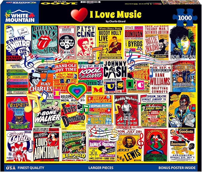 White Mountain 1000 Piece Jigsaw Puzzle Nostalgic Music Collage Puzzles with Large Pieces for Adults and Family 24"x30" - I Love Music