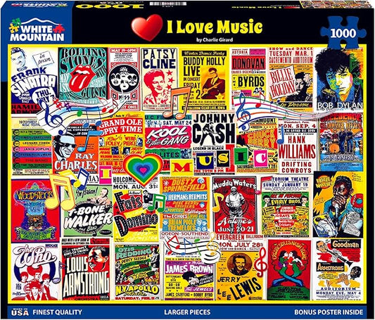 White Mountain 1000 Piece Jigsaw Puzzle Nostalgic Music Collage Puzzles with Large Pieces for Adults and Family 24"x30" - I Love Music