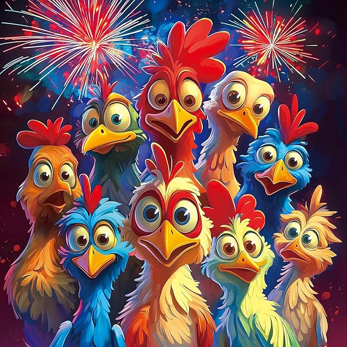 500 Piece Jigsaw Puzzle for Adults, Colorful Cartoon Chickens with Fireworks Design, Vibrant Family Puzzle Game, Fireworks Night Scene Art for Stress Relief