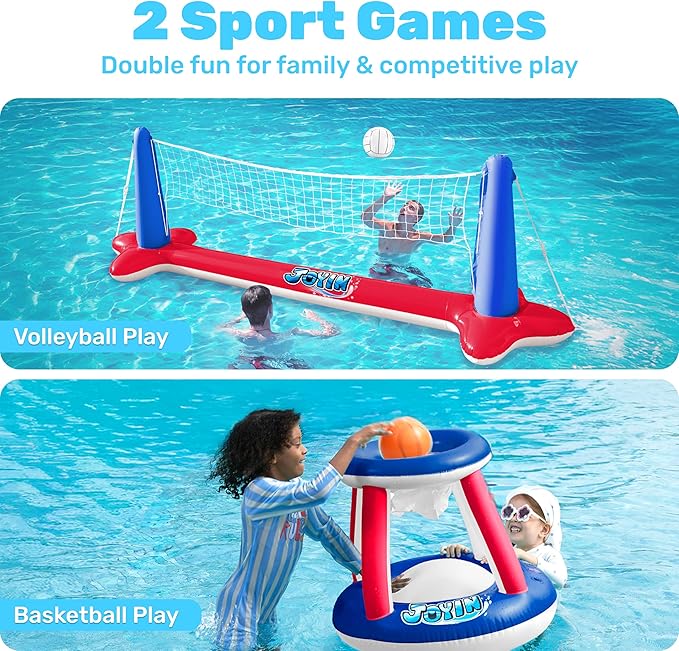 JOYIN Inflatable Pool Float Set Volleyball Net & Basketball Hoops, Balls Included for Kids and Adults Swimming Game Toy, Summer Floaties, Volleyball Court |Basketball,L-Red