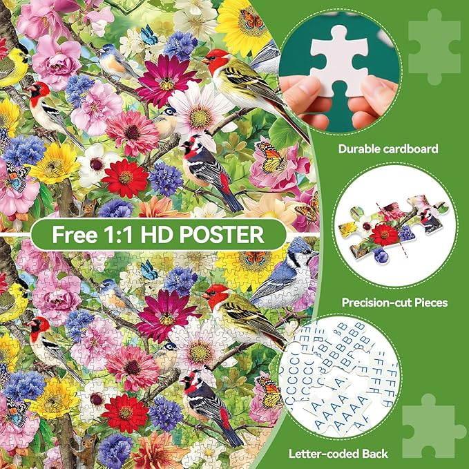 300 Piece Puzzles for Adults, 300 Piece Puzzles for Adults Large Piece, Spring Flowers Birds Butterflies Jigsaw Puzzle, Challenging Puzzle Perfect for Game Nights, 20.5 X 15 in