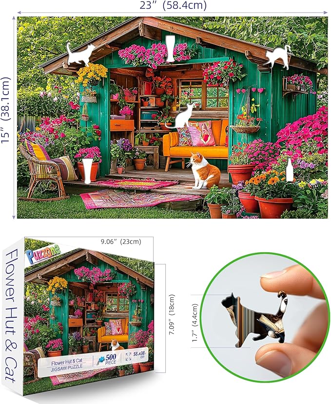 Flower House 500 Piece Puzzle for Adults Colorful Garden Shed Cat Jigsaw Puzzles with Letters on Back Perfect Family Challenge for Game Nights(23"X15")