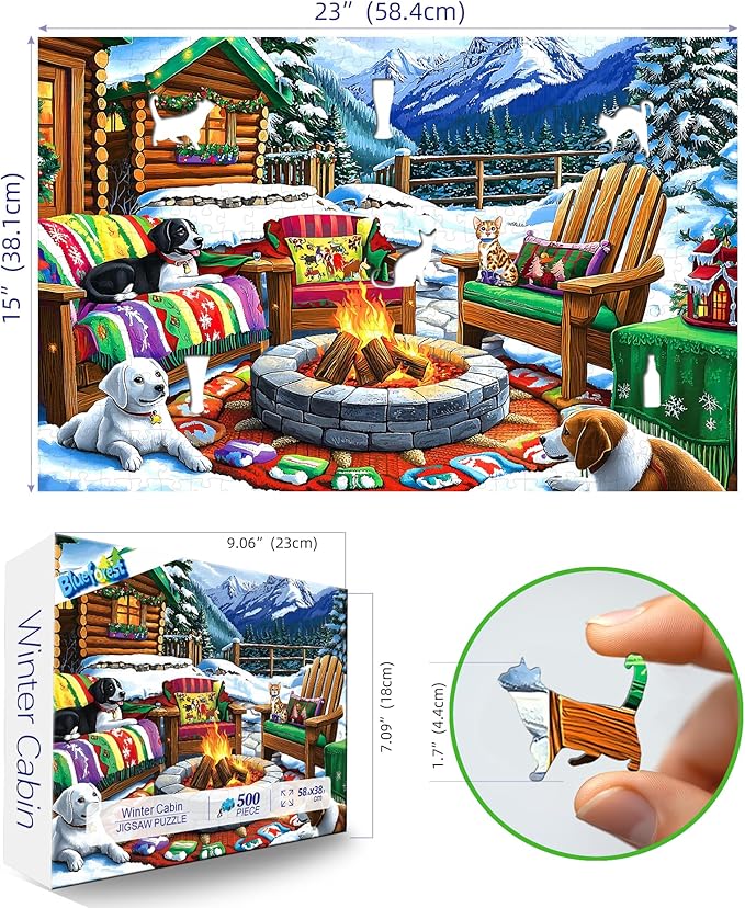Blueforest 500 Piece Puzzle for Adults, Winter Cabin Fire Pit Jigsaw Puzzle - Dogs, Cat & Cozy Outdoor Seating, 23x15 Inch Art Puzzle