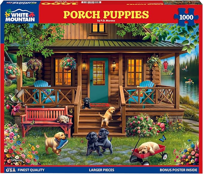 White Mountain 1000 Piece Jigsaw Puzzle Spring Lake Cabin Puzzles with Large Pieces Gift for Adults and Family 24"x30" - Porch Puppies