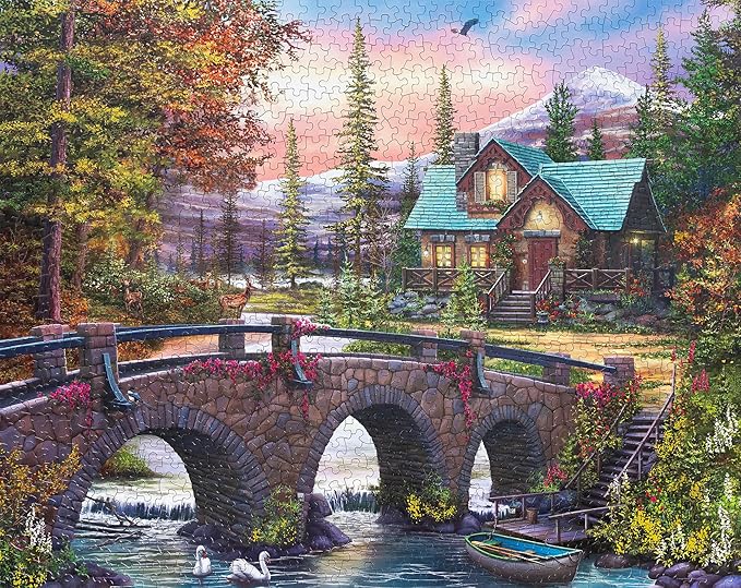 Springbok's Mountain Home Sunrise 1000 Piece Puzzle for Adults is a Soothing Image of a Mountain Cabin Retreat