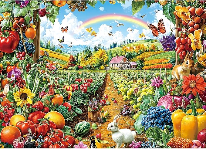 Garden Paradise 1000 Piece Jigsaw Puzzle for Adults, Colorful Countryside Landscape with Rainbow, House, Sunflowers, Rabbits & Butterflies Challenging Puzzle for Adults Fun Family Game Night Gift