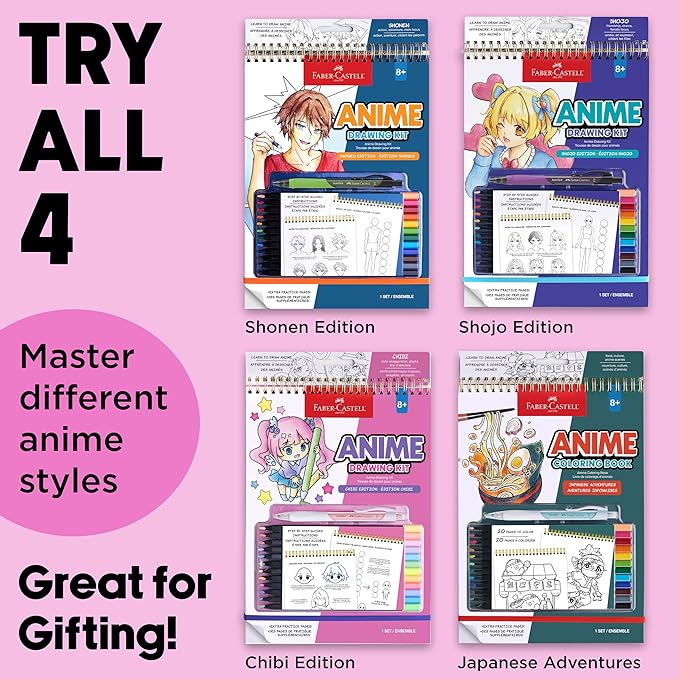 Faber-Castell Anime Drawing Kit: Chibi Edition | Step-by-Step Instruction Book with 20 Practice Pages, Color Pencil Set & Drawing Supplies for Kids, Easter Basket Stuffers (1 Book)