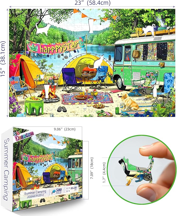 500 Pieces Jigsaw Puzzle for Adults, Vibrant Camping Scene with Retro Camper & Cute Pets, Thick Durable Cardboard, Ideal for Camping Enthusiasts & Puzzle Lovers
