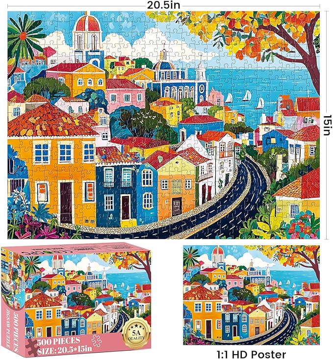 500 Pieces Puzzle for Adult,Fun Colorful Town Building Jigsaw Puzzle for Adults Seniors,Unique Landscape Lover Puzzle,Challenging Family Activity Games Gifts for Family, Friends, Men, Women,20.5*15 In
