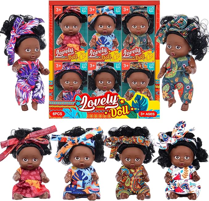 dollbie 6 Pack 4 Inch African Girl Dolls Set - Black Mini Dolls with Colorful Outfits & Hairbands – Gift for Girls 3-6, 6-12 Educational Toys & Decorative Figures