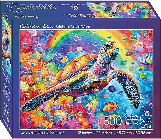Crown Point Graphics Rainbow Sea Turtle 500 Piece Jigsaw Summer Puzzle, Soft Touch Design, Made in USA