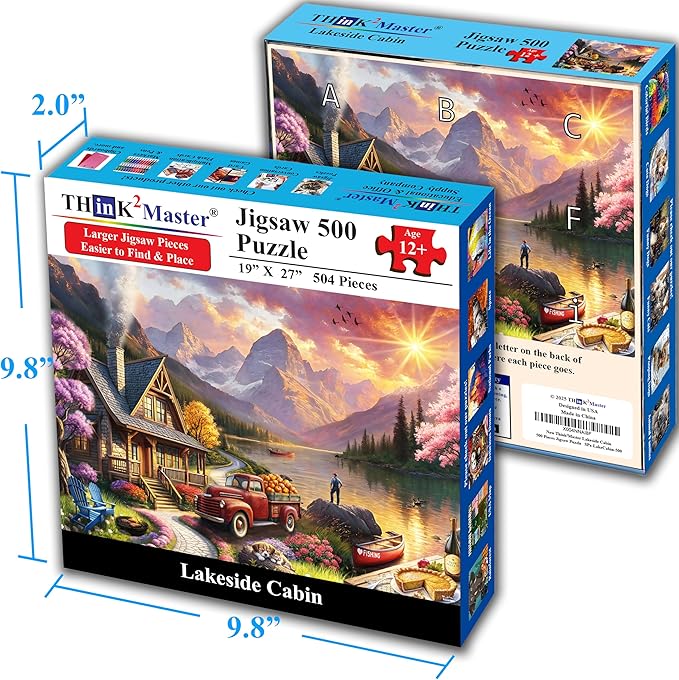 Think2Master Lakeside Mountain Retreat 500 Pieces Large Format Jigsaw Puzzle: 13+, Teens, Adults & Families. Escape to a World of Tranquility and Rustic Charm. Great Gift. Size: 26.8” X 18.9”