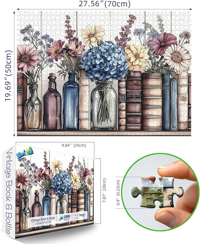 Vintage Books Flowers 1000 Piece Jigsaw Puzzle for Adults - Challenging Floral and Book Lover Puzzle with Glass Bottles, Hydrangea - Premium 27.6"x19.7" Puzzle for Game Night, Gifts, and Framing Art