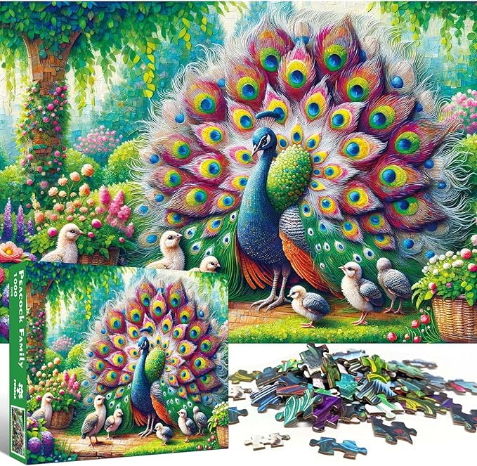 Peacock Family Jigsaw Puzzle, Bird Jigsaw Puzzles, Impossible Hard Difficult Challenging Puzzles for Adults 1000 Pieces, Home Decoration Puzzle, Interlock Perfectly No Dust