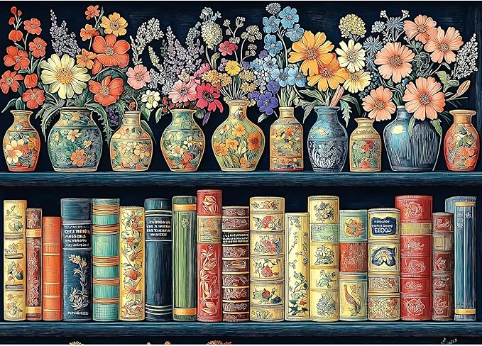 Bookshelf Vase 1000 Piece Puzzles for Adults, Hard Challenge Art 1000 Jigsaw Puzzles, for Gifts Birthday Party Games Family, 27.5" X 19.7" Dust Free Puzzle